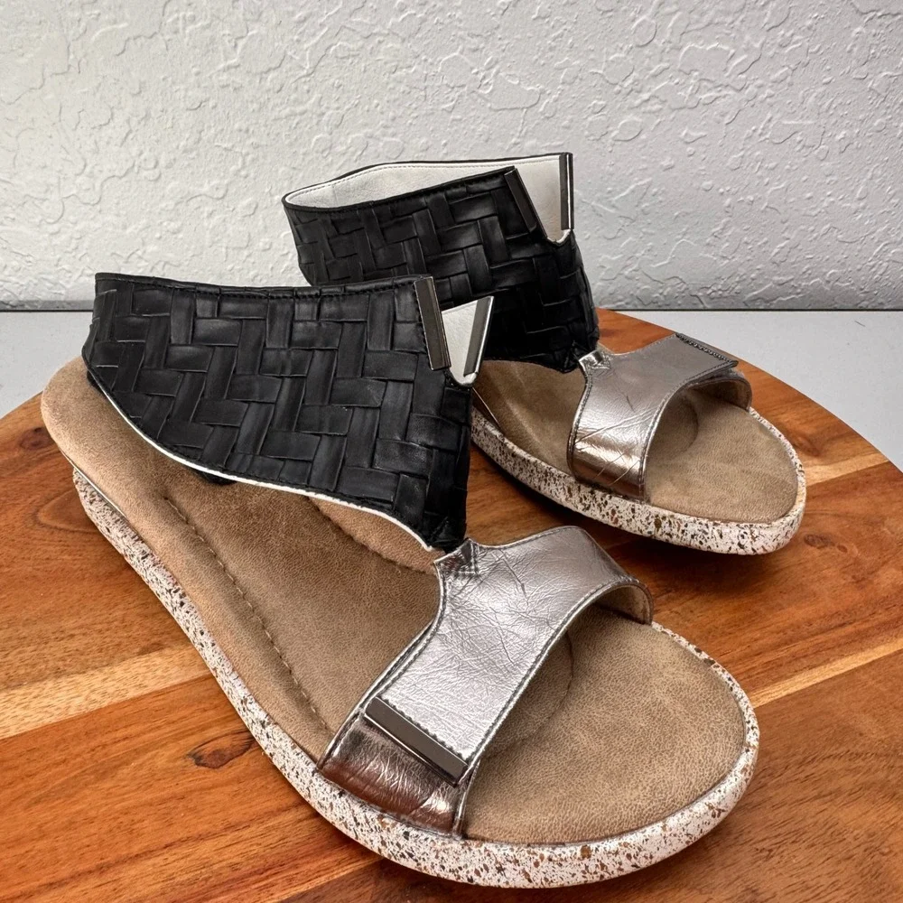 Modzori Reversible Wedge‎ Sandals Womens 9 Black White Silver Metallic Woven
